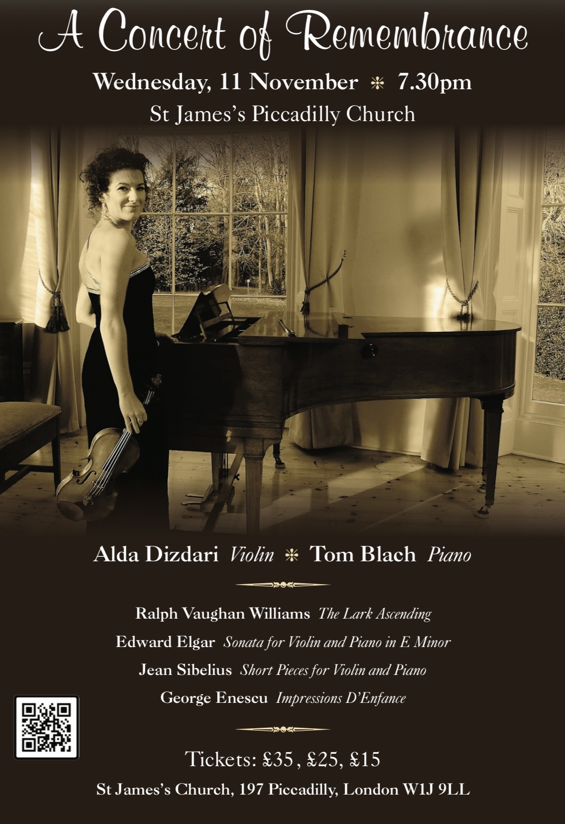 A Concert of Remembrance poster featuring Alda Dizdari, violin, and Tom Blach, piano, at St James’s Piccadilly on 11 November 2026 at 7:30 pm.
